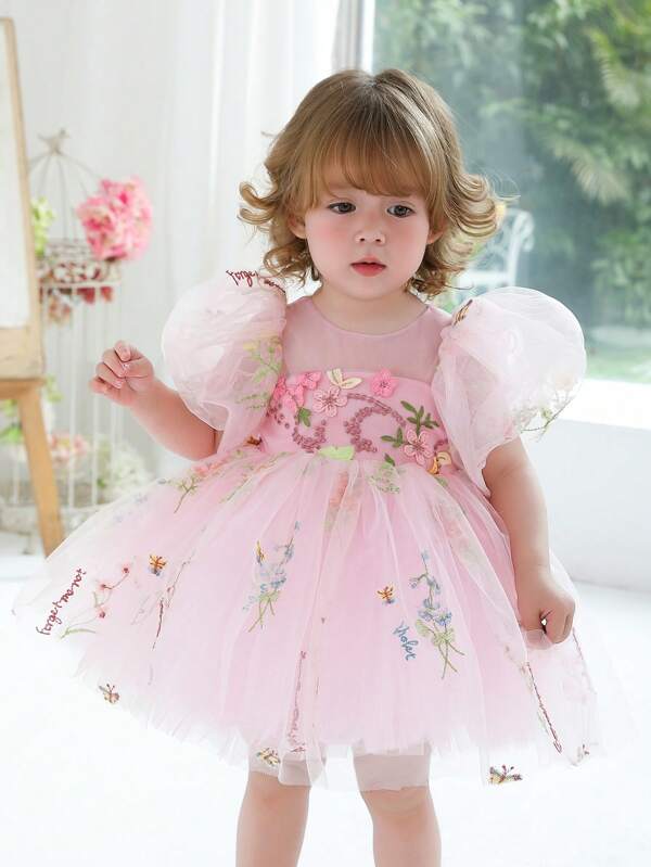 Baby Girls Pink Embroidered Puff Sleeve Mesh Princess Dress, Suitable For 1st Birthday Party, Wedding Flower Girl, Holiday Celebration, Formal Occasions