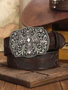 1pc Fashionable Funky Fantasy Bold Heavy Metal Embossed Brown PU Leather Cool Rock Grunge Vintage Gothic Style 2D Square Cross Western Buckle Y2K Men's Belt Young Boy For Parties, Proms, Sparkling Decorations, Outings, Daily Casual Outing Wear Summer, School Casual, Business, Boyfriend Husband Father Dad Men Gift, Daily Wear - Coffee Brown - View 12