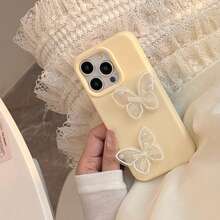 1pc GUCADI Cream-Colored 3D Mesh Double Pearl Lace Bow Compatible With Apple 16/15/14/13/12/11 Series Cases, Soft Full Cover, Delicate, Korean Style, Sweet, Dreamlike Waterproof Shockproof Anti-Fall Scratch Resistant - Yellow - View 6