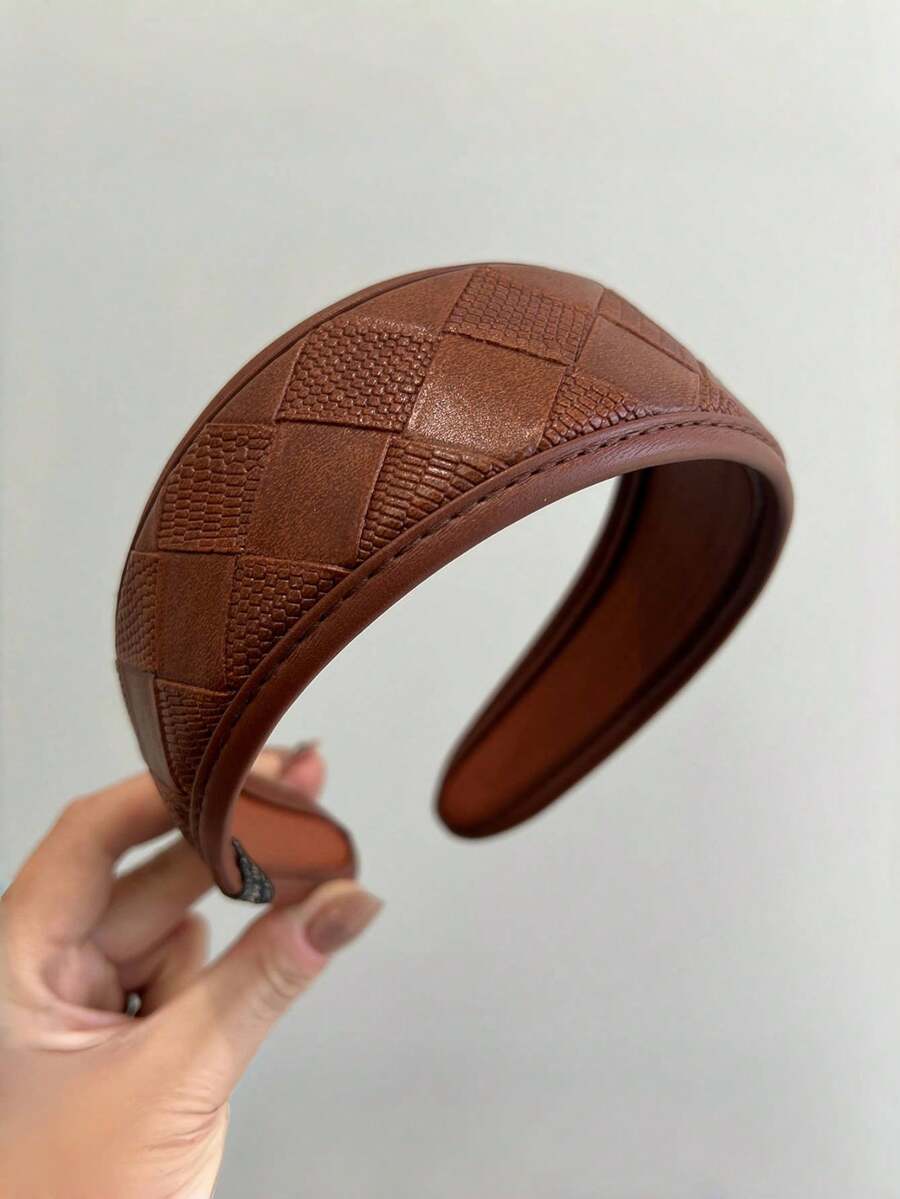 1 件女士皮革宽头带，格子纹理高端发带，新款瘦脸发饰，女士发带头带，发饰 - 棕色 - 查看 1