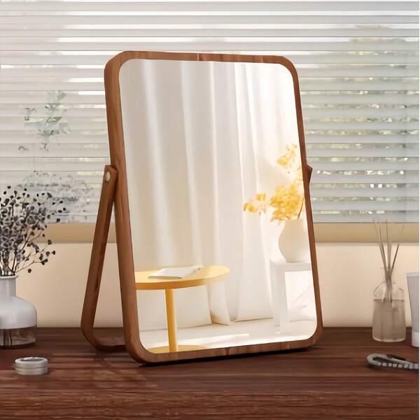 Espejos de maquillaje de escritorio con espejo de madera natural de bambú, espejo de tocador vintage de madera, espejo de escritorio rectangular para decoración del hogar en la sala de estar, dormitorio, entrada, decoración de vuelta a la escuela, útiles escolares