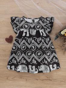 Vestido de verano casual para niñas pequeñas con estampado de elefante de manga corta y estampado floral