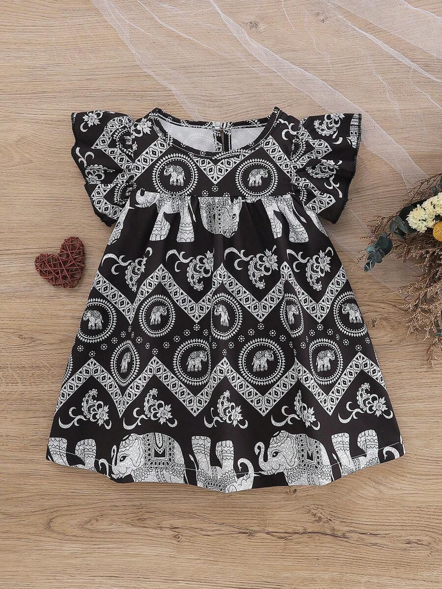 Vestido de verano casual para niñas pequeñas con estampado de elefante de manga corta y estampado floral