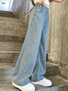Jeans a vita alta e gamba ampia con ricamo a cuore per donne e ragazze, design in vita elastico, stile casual da campus con semplice maglietta bianca, adatto per scuola, strada, appuntamenti, attività all'aperto, uso quotidiano
