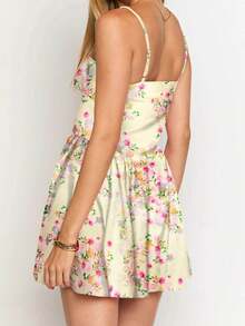 Women Boho Floral Mini Dress Y2K Spaghetti Strap Square Neck Corset Flowy Short Dress Summer Backless Sleeveless Going Out Swing Dress Beach Vacation Sundress - 黃色 - 查看 2