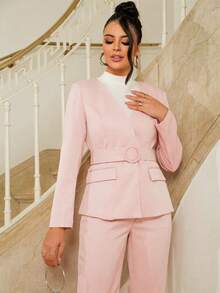 Women's Slim Blazer/ With Belt/ Fake Pockets - Pink - View 4