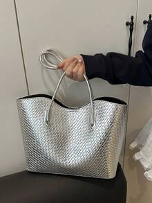 鳄鱼纹大容量女包2024流行新款时尚网红百搭单肩托特包 - 銀色 - 查看 3