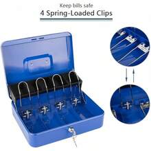 Caja de caudales con cerradura de combinación, caja de dinero con bandeja para efectivo, caja con llave, organizador de ahorro de dinero, 30 x 24 x 9 cm, azul extra grande - Cerradura de llave azul - Ver 4