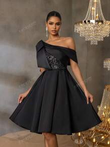 Faeriesty Luxury Sequined A-Line Asymmetrical Neck Bow Dress - Spring/Summer Formal Wear For Weddings, Private Parties & Galas, Party Dress, For Cocktail