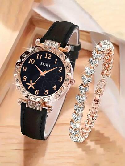 Reloj de mujer 1 Set Precioso, Elegante con esfera de números árabes con forma de estrella de mar, caja con diamantes, correa de PU Reloj de cuarzo y pulsera con diamantes, perfecto para uso diario, regalos de cumpleaños, fiestas, reuniones festivas y como regalo ideal para ti o tus amigos