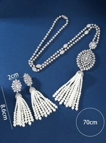 Juego de collar y aretes con 2 piezas, borlas de circonita cúbica plateada y perla, diseño elegante apropiado para que las mujeres lo usen en fiestas de noche, bodas