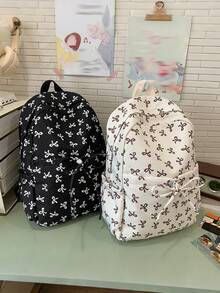 1pc Brand New Cute Cartoon Full Print Bow Pattern Backpack, Suitable For Back To School Season, Kawaii Double Zipper Lightweight Large Capacity Foldable Backpack Bag, Teenagers, School, Daily Outings, Shopping, Travel And Vacation, Random Position - Backpack - View 9