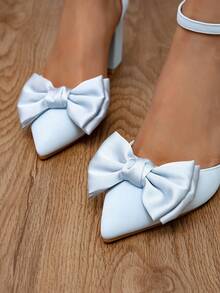 Fall/Winter 2025 Fashionable Bowknot Black Suede Buckle Chunky Heel Women High Heels,Elegant,Women Pumps,Party Outfits - Baby Blue - View 6
