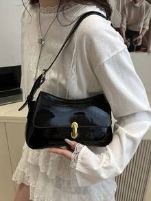 女士复古仿油皮革翻盖装饰单肩腋下包，适合约会、郊游、聚会 - 黑色 - 查看 3