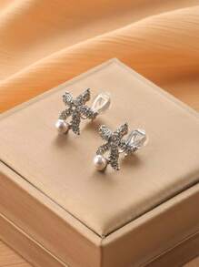 1 par de brincos de cristal estrela do mar e pérola falsa com clipe para mulheres, acessórios elegantes e elegantes para uso diário e presentes
