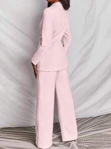 女士纯色翻领单扣西装外套和裤子套装 - 淺粉色 - 查看 5