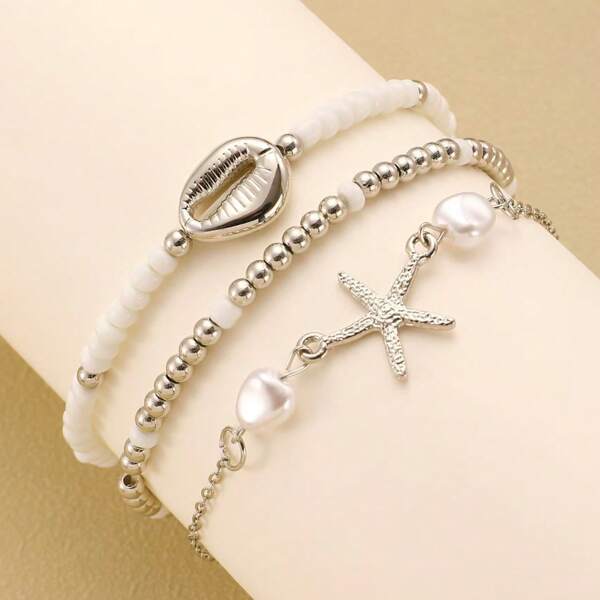 1 conjunto de pulseiras femininas de conchas e pérolas, estilo boho, com contas e design de conchas de estrela do mar, ideal para praia, férias e uso diário