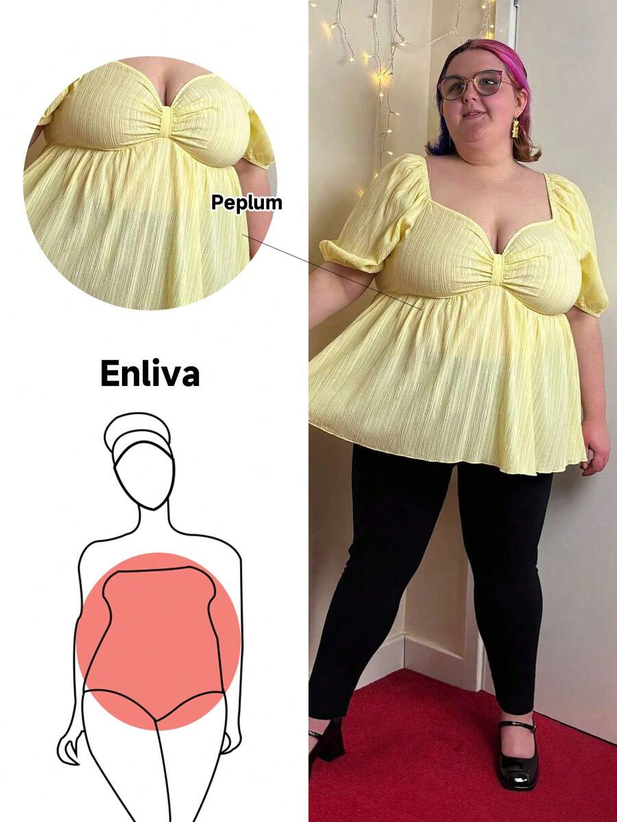 Enliva Abidrinkell Plus Size Solid Color Women Puffy Sleeve Bow Front Peplum Peasant Casual Summer Shirt, Yellow, Back To School Cute Lunch Casual Clothes For Easter, For Apple Rounded Body Shape - Yellow - View 1