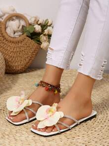 优雅花卉装饰休闲一脚蹬鞋，涤纶纤维，精致的3D花朵，适合度假、派对、办公室、室内和室外，温柔甜美风格，夏季