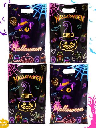 10/20/50 件带手柄的荧光万圣节礼品袋 - 夜光猫和南瓜图案派对礼物，适合 2025 年万圣节快乐装饰、前卫哥特式装饰和批量捣蛋包装