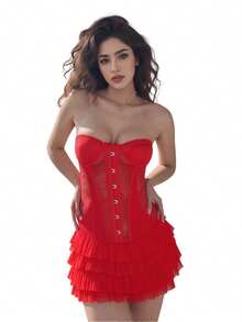 Women Strapless Corset Dress Summer Sheer Layered Ruffle Mini Dress For Cocktail Party Beach Streetwear - Red - View 10