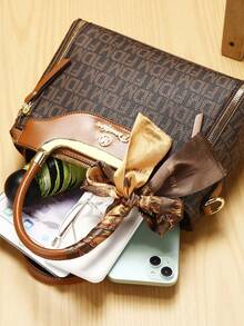 女士时尚包袋套装 - 优雅几何印花、仿皮托特包、斜挎包和手拿包 - 棕色 - 查看 6