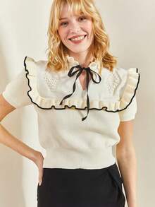 Women Bow Detail Short Sleeve Knit Sweater, Casual Crinkled Ruffle/Frill Contrast Trim Multi-Layered Cake