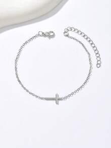 1pc Elegant Minimalist Cross Chain Bracelet, Suitable For Women's Daily Wear Or As A Gift For Girls - Silver - View 4