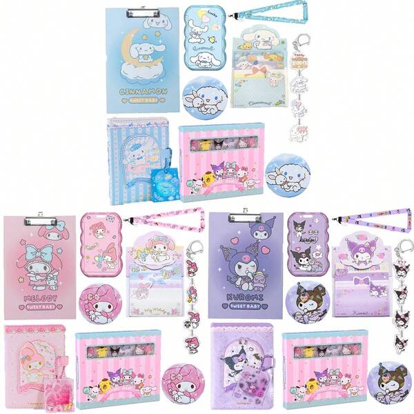 Sanrio Stationery Set: My Melody Cute Cartoon Planner Set, Kuromi Kawaii Magnetic Planner, Cinnamoroll Wavy Student ID/Card Holder, My Melody Shaped Sticky Notes, Kuromi Sketch Pad, Keychains, Pins