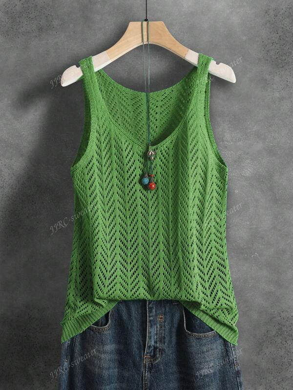 Women's Summer Hollow Breathable Versatile Solid Color Knitted Openwork Ribbed Sleeveless Vest, Suitable For Sports, Fitness, Daily Wear, Summer Vacation, Casual, Unisex, Soft And Comfortable For All Seasons