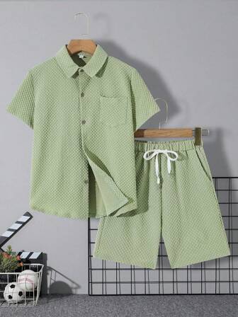 Tween Boys Mint Green Plaid Shirt And Loose Casual Shorts 2 Pieces Set