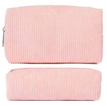Checkered Makeup Bag Preppy Cosmetic Bag Bulk Blue Makeup Pouch Travel Toiletry Bag Organizer Cute Makeup Brushes Storage Bag Women Fashion - 粉紅色燈芯絨 - 查看 1
