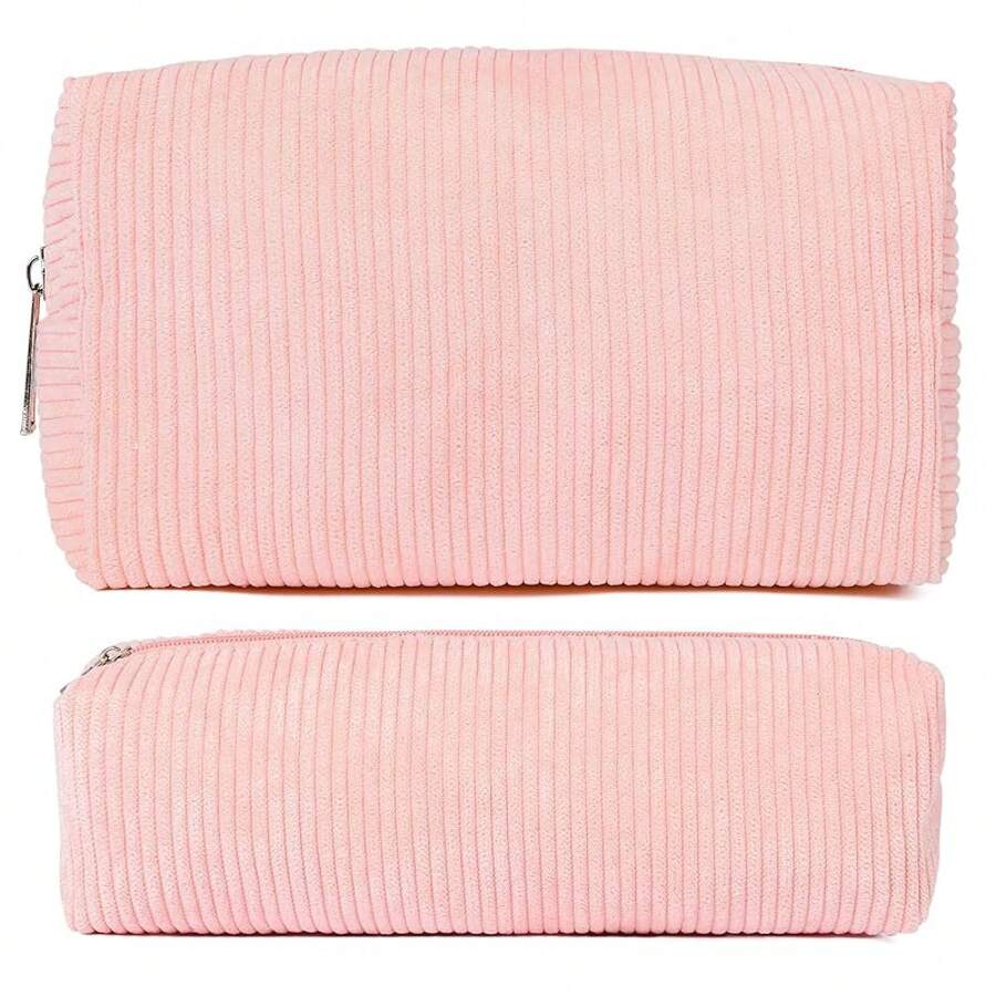 Checkered Makeup Bag Preppy Cosmetic Bag Bulk Blue Makeup Pouch Travel Toiletry Bag Organizer Cute Makeup Brushes Storage Bag Women Fashion - 粉紅色燈芯絨 - 查看 1