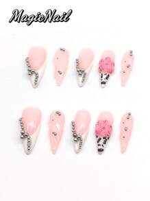 10 Pieces Of Pure Hand-Pressed Wearing Nails, 33mm Long Nail Pieces, Pink And White Contrasting Colors, Multiple Small Silver Balls Form Multiple Line Decorations, Convex Transparent Line Decoration, Hand-Made Convex Flowers Pink Colored Hand-Painted Spotted Small Ball Stamens, Hand-Painted Spotted Spots. Cute Nail Pieces For Spring And Summer. Suitable For Daily Leisure And Vacation Wear.