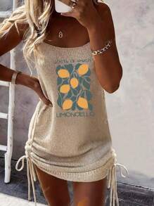 Robe d'été à col rond en tricot, avec bretelles simples, sans manches, imprimée de citrons
