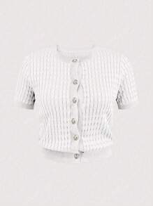 Cardigan a maniche corte in maglia con bottoni, scollo tondo, nuovo per la primavera/estate, per le donne, dal design semplice e minimalista, dal temperamento minimale, adatto per l'abbigliamento da pendolare