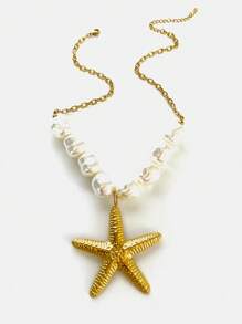 Colar com pingente de estrela do mar e folha de lótus, exclusivo, assimétrico, de aço inoxidável, inspirado no Barroco, para mulheres