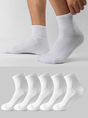5 Pairs Men's Solid White Mid-Calf Socks, Breathable Sports Socks For Summer, Fall