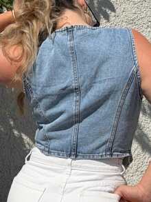 Jeta Ari Women's Summer Single-Breasted V-Neck Casual Denim Vest Jacket - Blue - View 9