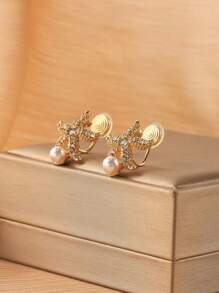1 par de brincos de cristal estrela do mar e pérola falsa com clipe para mulheres, acessórios elegantes e elegantes para uso diário e presentes