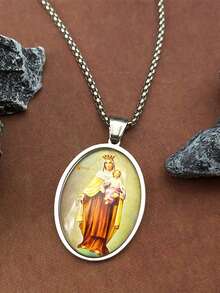 Virgin Mary Holding Baby Jesus Glass Medal Pendant Necklace, Unisex Stainless Steel Gold-Plated Catholic Amulet Necklace Jewelry - Necklace - View 3