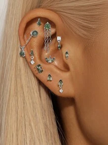 1PC 925 Sterling Silver Natural Green Agate Marquise Flat Back Cartilage Helix Piercing Fine Jewelry For Daily Wear Wedding Party Engagement Anniversary Valentine's Day