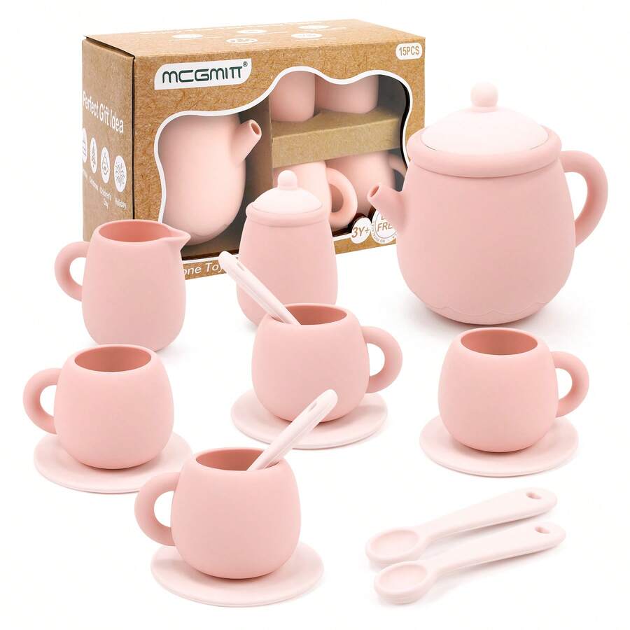 MCGMITT Silicone Tea Set, Tea Party Set For Little Girls Boys, 15 Pcs Dishwasher Safe Pretend Tea Set For Toddlers Kids Age 3-6, Cute Toy Kitchen Accessories For Children Birthday Gifts - Hồng - Xem 1