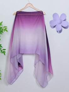 2 件女士柔软撞色渐变披肩花朵发圈套装雪纺披肩彩色发圈发饰套装时尚夏季围巾发饰套装长披肩和围巾头饰套装