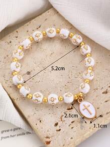 1 pieza Brazalete elástico con cruz bautismal de esmalte en blanco y dorado, estilo minimalista cristiano, accesorio de joyería de moda para hombres, regalo para uso diario, vacaciones