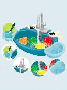 电动厨房水槽洗碗机儿童玩具，逼真的厨房用具，循环水，动物洗衣机碗，互动亲子玩具，男孩和女孩的礼物（一些配件随机，不含普通电池） - 彩色 - 查看 5