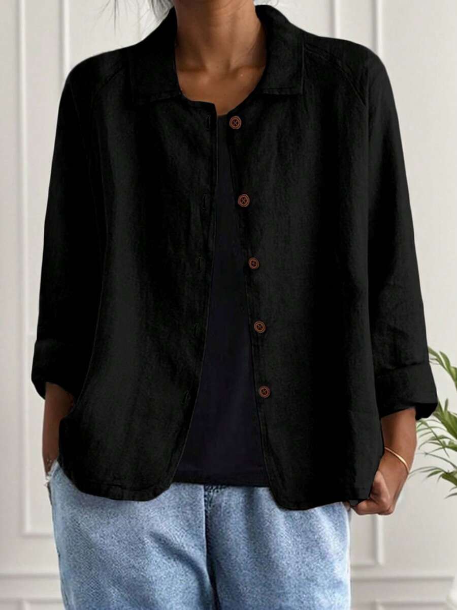 Chaqueta negra de cuello mao de unicolor Jisfaneya, ropa de exterior ligera y de uso múltiple casual para primavera/verano - Negro - Ver 1