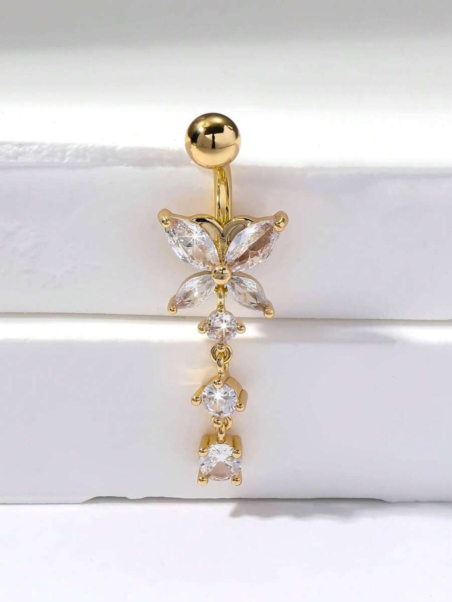 1 Stück Bauchnabel Ring aus Zinklegierung mit Schmetterling, goldfarben und silberfarbener Zirkonia Einlage