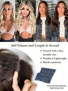 隐形钢丝接发 26 英寸深棕色 #2 接发长发片深色夹式接发真人发丝棕色鱼线一体式夹式接发篱笆接发透明线 - S2 - 查看 8