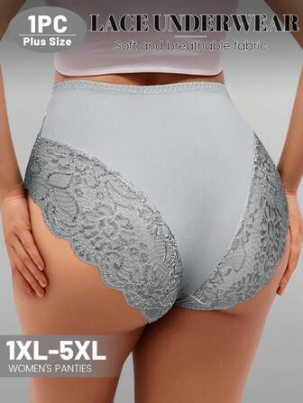 MEIYATING Plus Size Women Lace Patchwork High Waist Shapewear Panties, Hollow Plant Floral Design